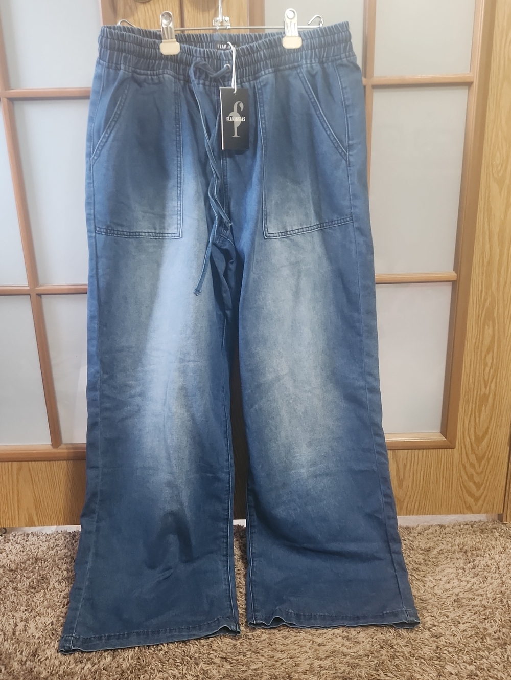 Flamingals Drawstring Pull On Slant Pocket Mid Waist Wide Leg Jeans XL NWT